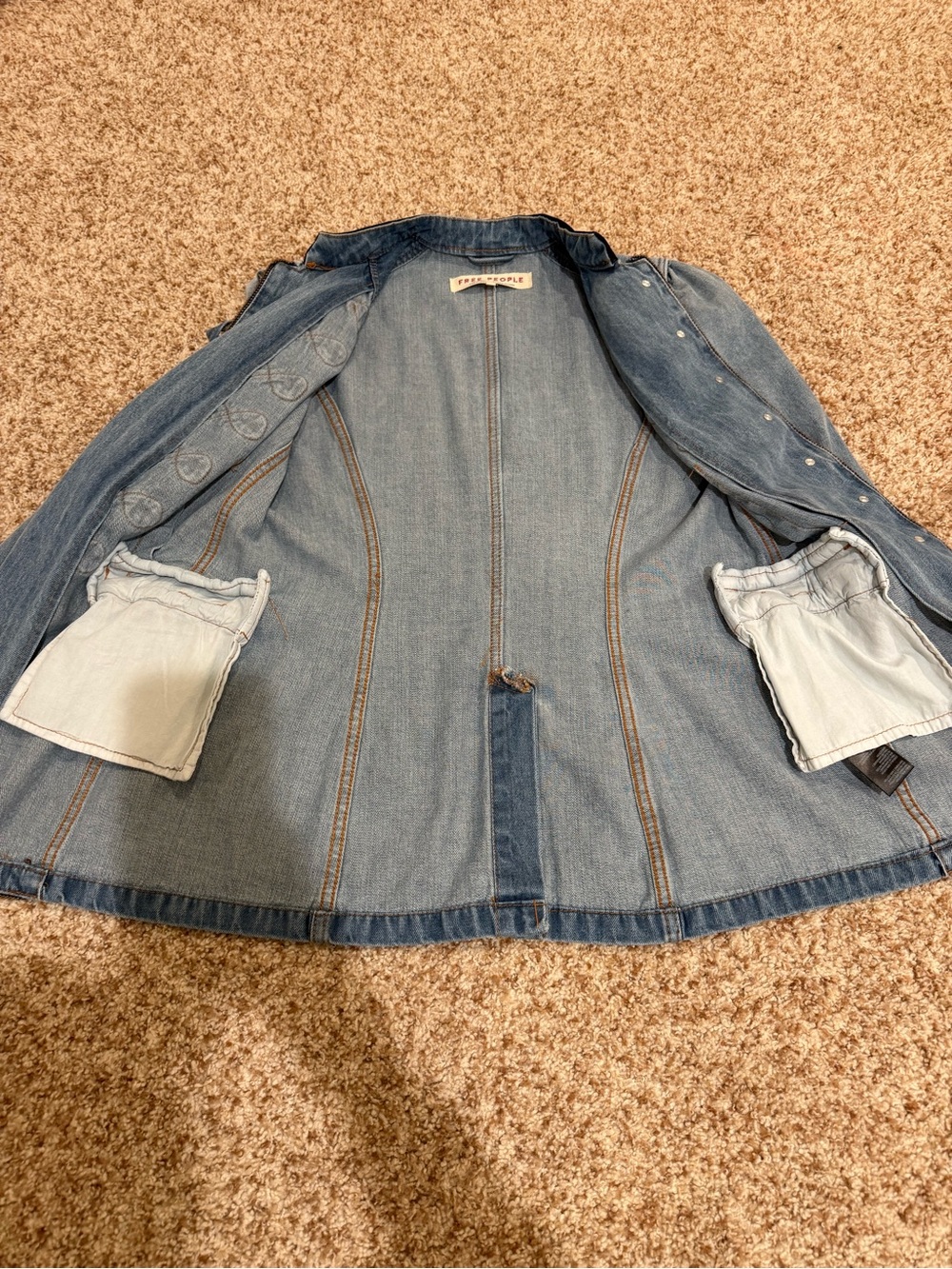 Free People Light Blue Denim Military-Style Jean Jacket with Dark Trim - Picture 7 of 8